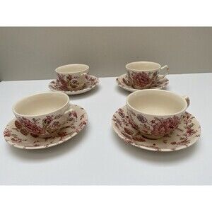 Johnson Brothers Set 4 Rose Chintz Tea Cups & Saucers Made in England Excellent